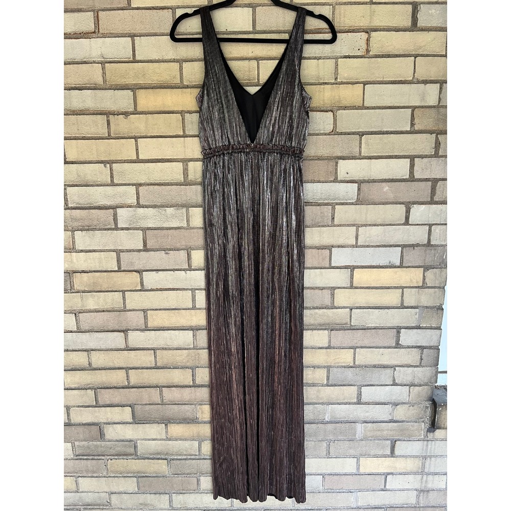 BCBGeneration Metallic Silver Black Pleated Maxi Dress V-Neck Party Cocktail XXS - Picture 4 of 5